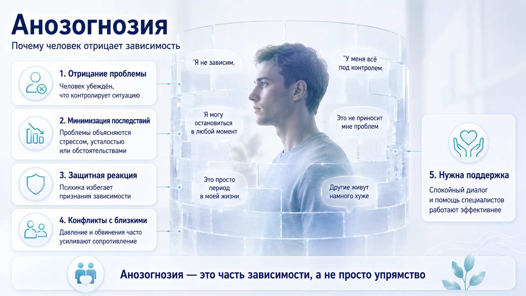 Анозогнозия — почему человек отрицает зависимость Инфографика об анозогнозии при зависимости: отрицание проблемы, минимизация последствий и важность поддержки специалистов.