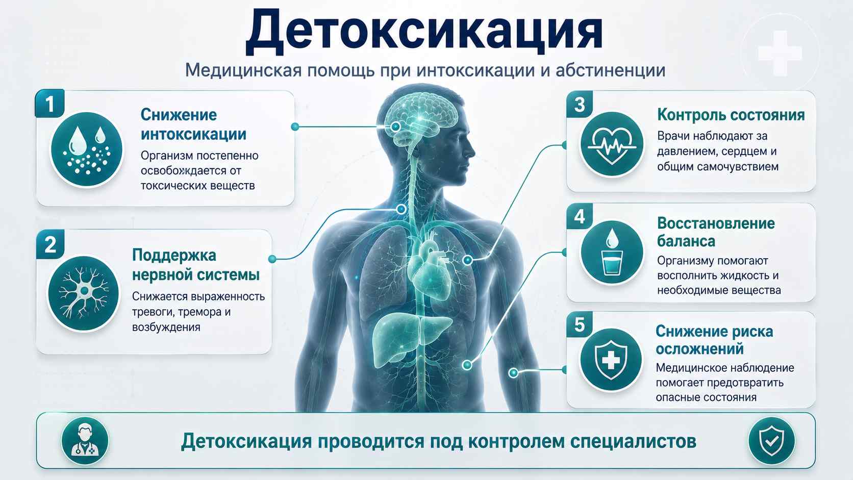 Детоксикация — медицинская помощь при интоксикации и абстиненции Медицинская инфографика о детоксикации: снижение интоксикации, поддержка нервной системы, контроль состояния, восстановление баланса и снижение риска осложнений.