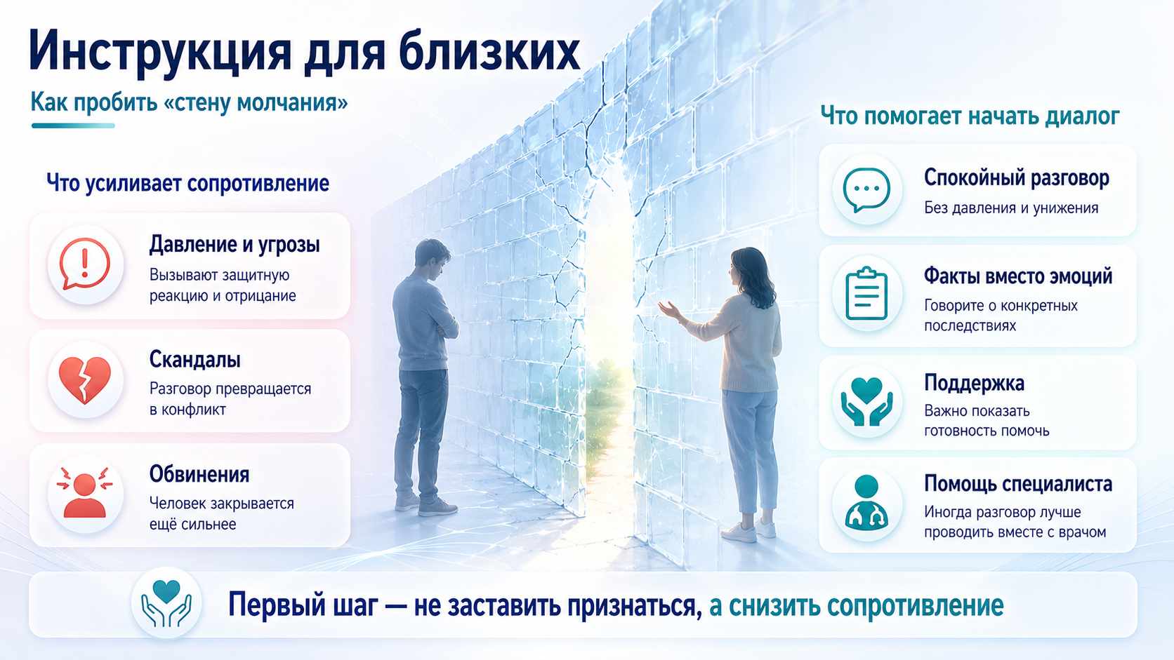 Инструкция для близких — как пробить «стену молчания» Инфографика для родственников о том, как выстраивать диалог с человеком с зависимостью и снижать сопротивление.