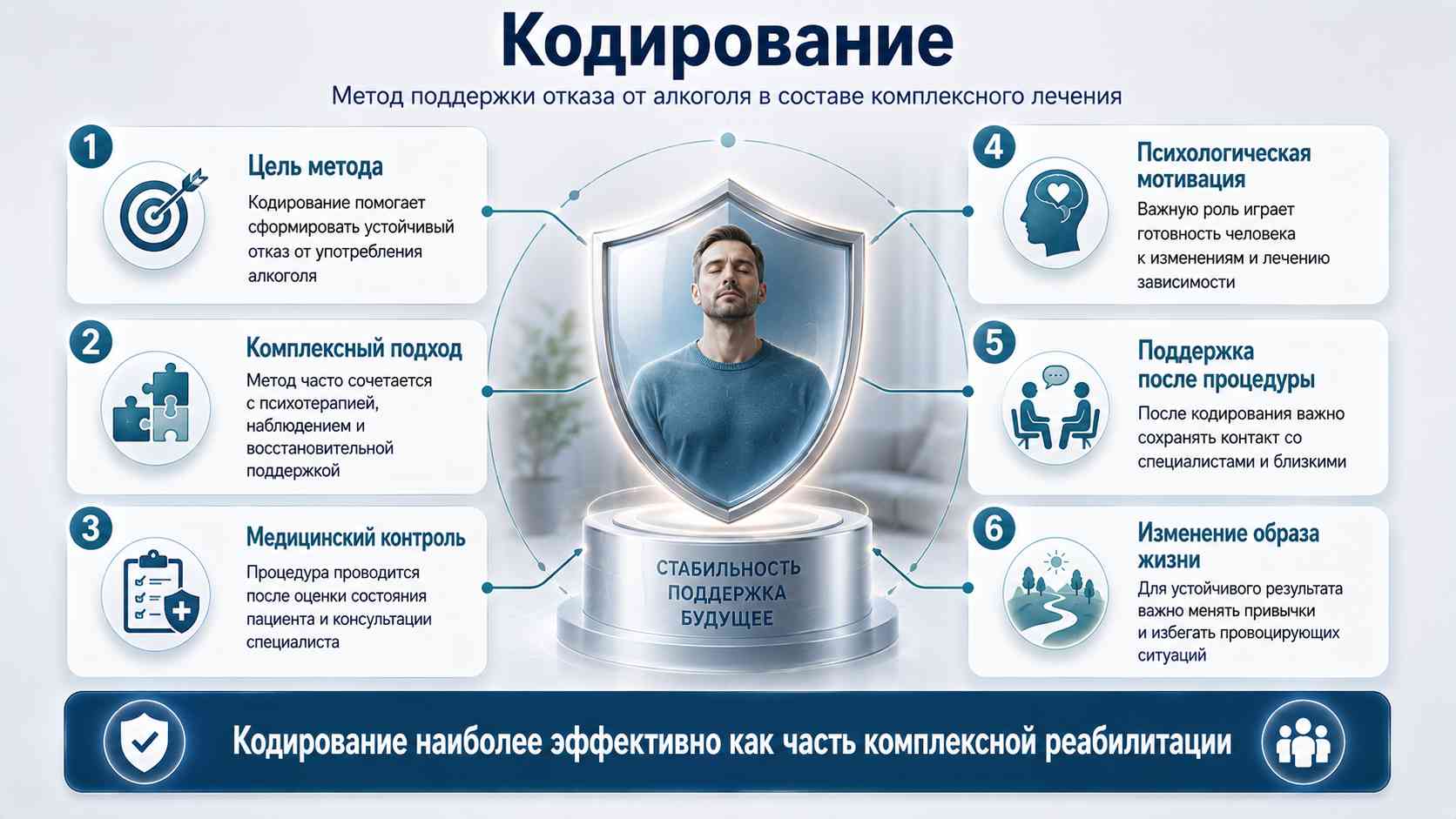 Кодирование — метод поддержки отказа от алкоголя в составе комплексного лечения Медицинская инфографика о кодировании от алкоголизма: цели метода, психологическая мотивация, медицинский контроль и поддержка в составе комплексного лечения зависимости
