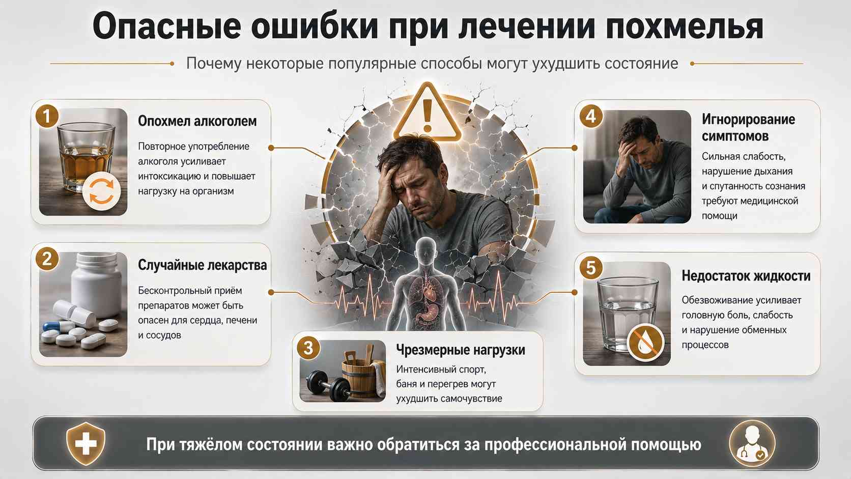 Опасные ошибки при лечении похмелья — почему некоторые способы могут ухудшить состояние Инфографика об опасных ошибках при лечении похмелья: опохмел алкоголем, бесконтрольные лекарства, перегрузки, обезвоживание и игнорирование опасных симптомов