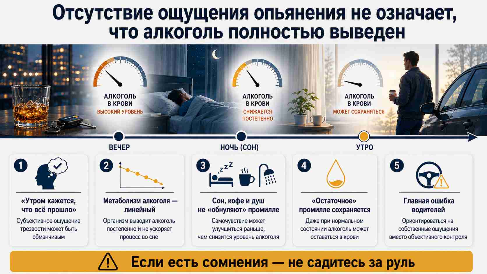 Остаточный алкоголь утром: почему ощущение трезвости не гарантирует безопасность за рулём Инфографика о том, что отсутствие ощущения опьянения утром не означает полного выведения алкоголя из крови и не гарантирует безопасность вождения.