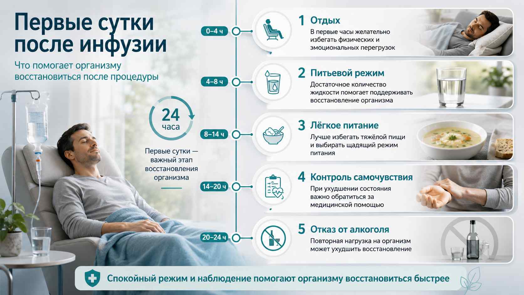 Первые сутки после инфузии — рекомендации по восстановлению организма Инфографика о восстановлении после инфузионной терапии: отдых, питьевой режим, лёгкое питание, контроль самочувствия и отказ от алкоголя в первые сутки после процедуры