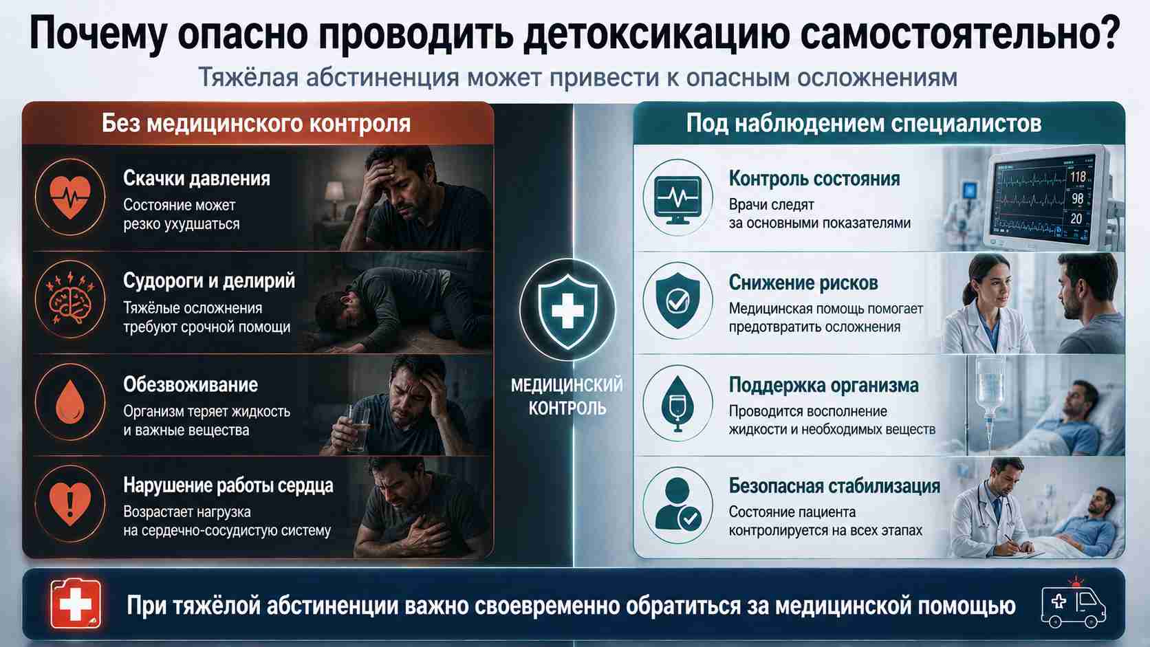 Почему опасно проводить детоксикацию самостоятельно — риски тяжёлой абстиненции Инфографика о рисках самостоятельной детоксикации: скачки давления, судороги, обезвоживание и нарушения работы сердца в сравнении с безопасной медицинской помощью под наблюдением специалистов.