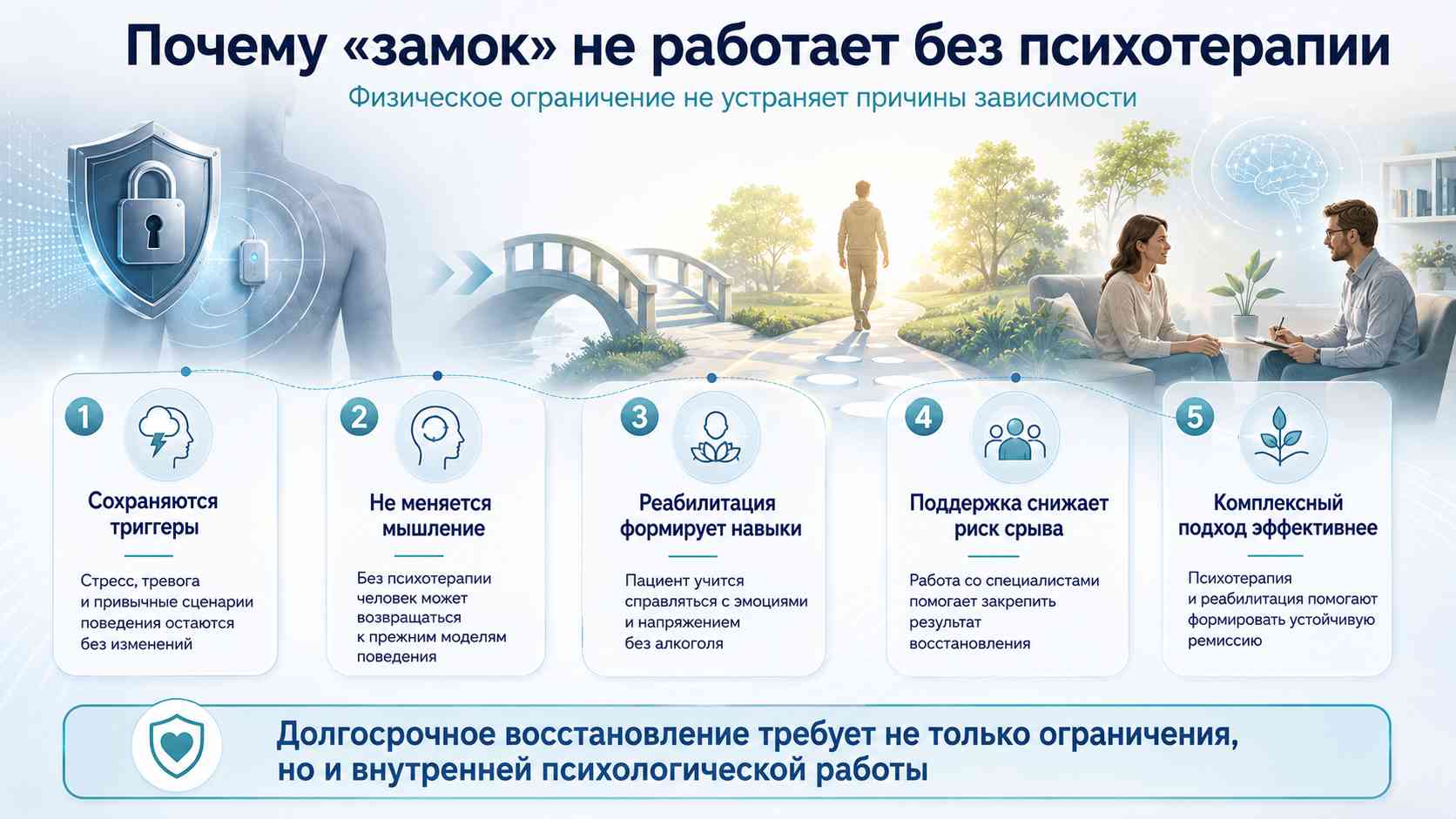 Почему «замок» не работает без психотерапии — комплексный подход к восстановлению зависимости Почему «замок» не работает без психотерапии — инфографика о роли психотерапии и реабилитации в долгосрочном восстановлении алкогольной зависимости.