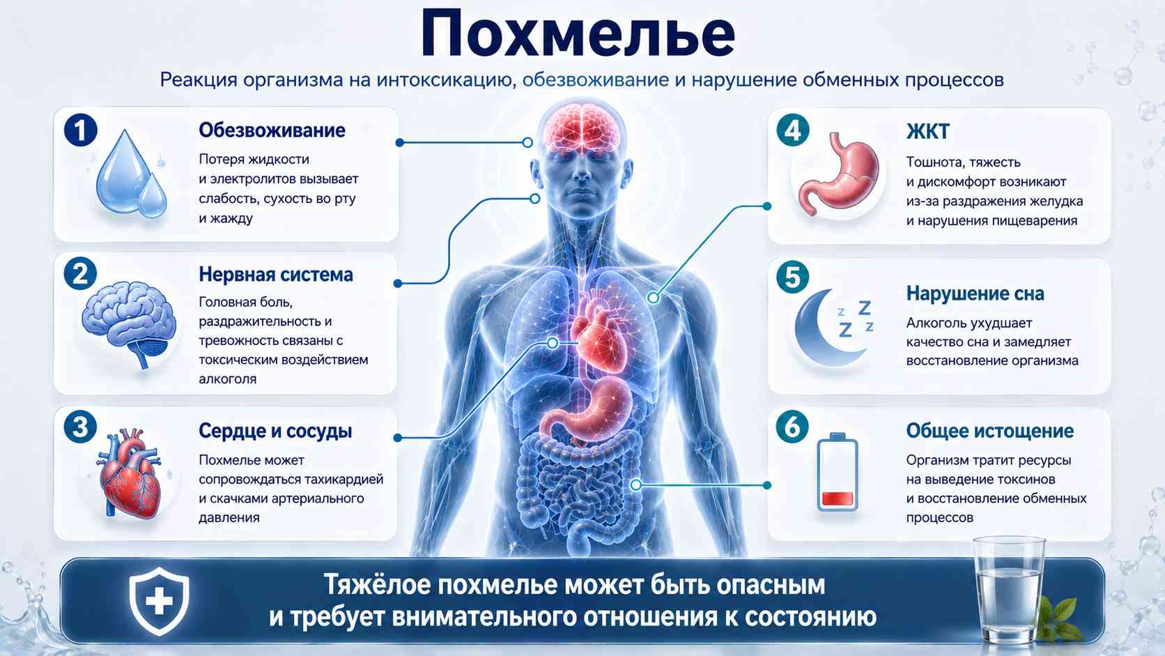 Похмелье — реакция организма на интоксикацию, обезвоживание и нарушение обменных процессов Медицинская инфографика о похмелье: влияние алкогольной интоксикации на нервную систему, сердце, ЖКТ, сон, обезвоживание и общее состояние организма