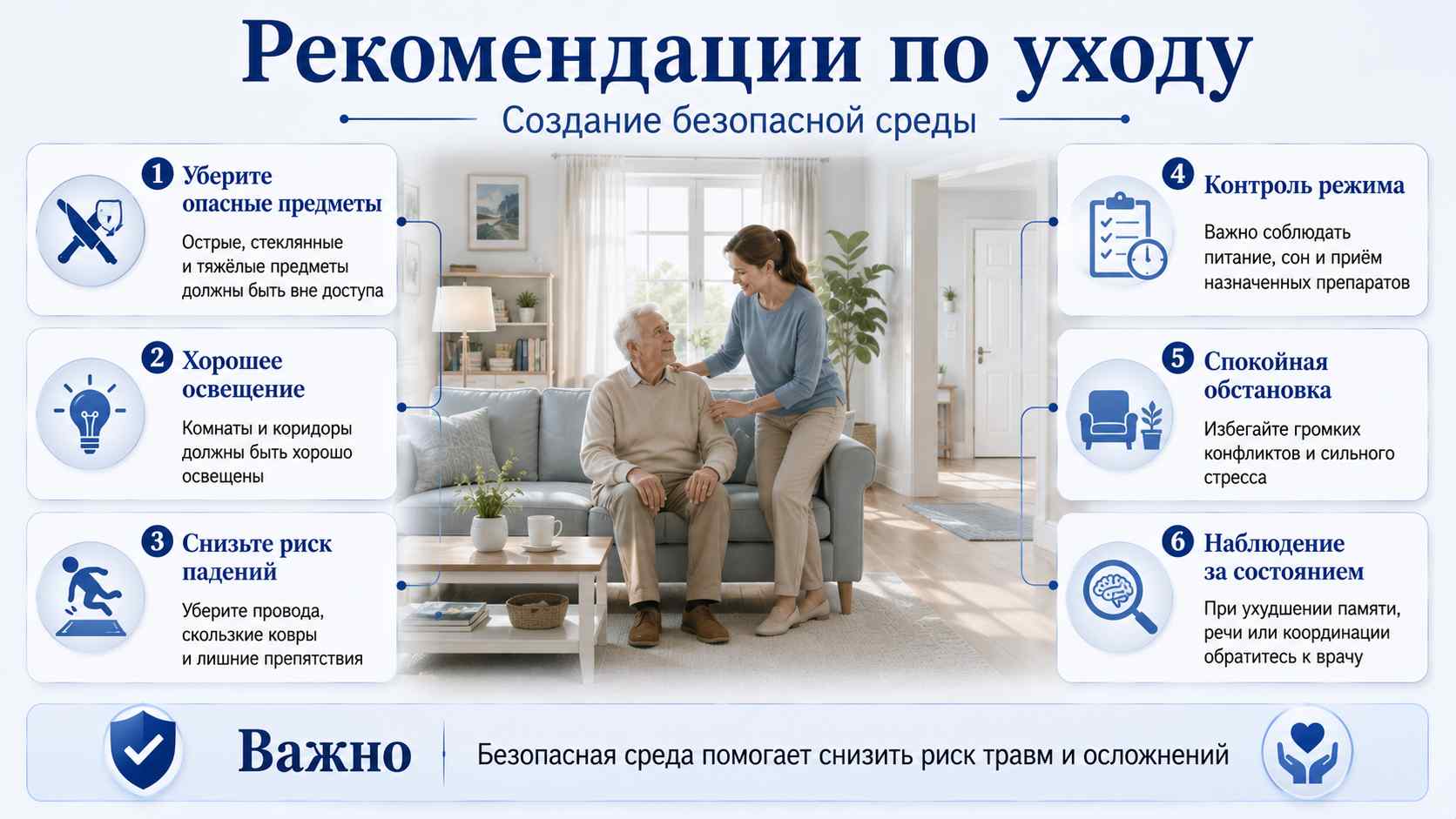 Рекомендации по уходу — создание безопасной среды Медицинская инфографика по уходу за человеком с алкогольной энцефалопатией: убрать опасные предметы, обеспечить хорошее освещение, снизить риск падений, контролировать режим, поддерживать спокойную обстановку и наблюдать за состоянием.