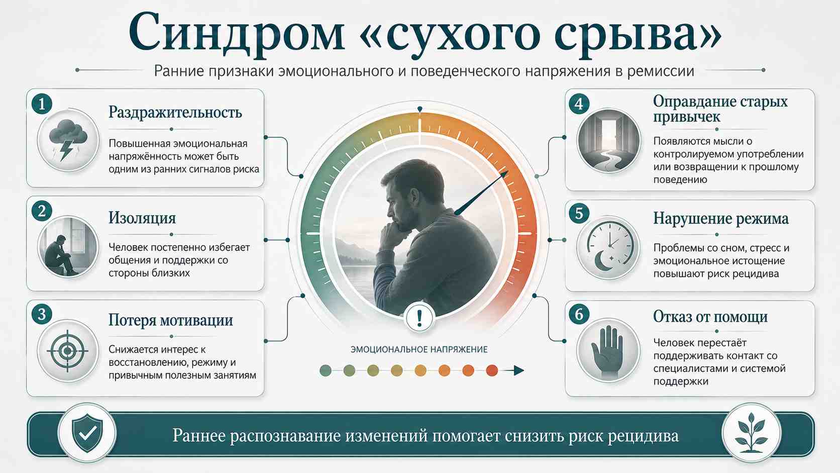 Синдром «сухого срыва» — ранние признаки эмоционального и поведенческого напряжения в ремиссии Инфографика о синдроме сухого срыва при ремиссии: раздражительность, изоляция, потеря мотивации, оправдание старых привычек, нарушение режима и отказ от помощи как ранние признаки риска рецидива.