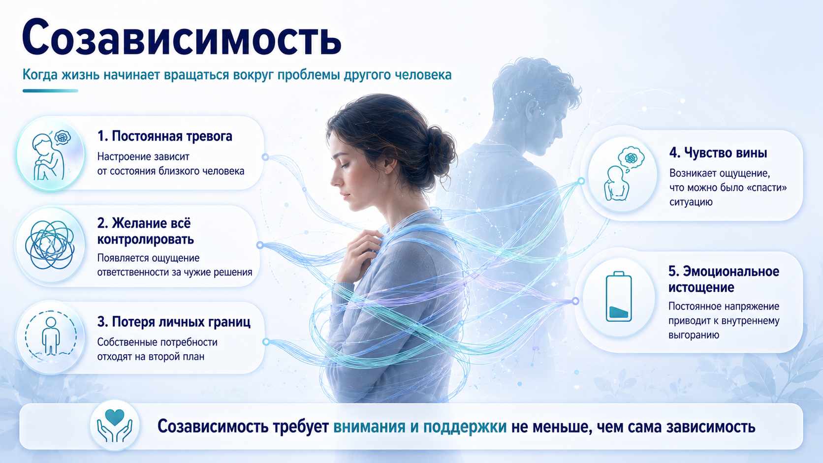 Созависимость — когда жизнь начинает вращаться вокруг проблемы другого человека Инфографика о созависимости: эмоциональная тревога, потеря личных границ и психологическое истощение в отношениях с зависимым человеком.